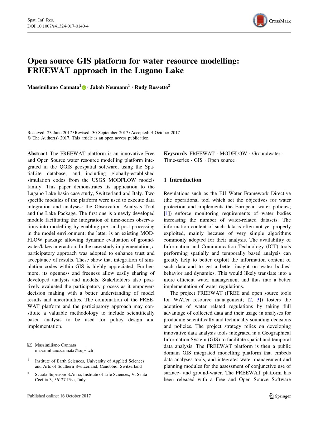 Cannata, M., Neumann, J., Rossetto, R., 2017. Open Source GIS Platform for Water Resource Modelling