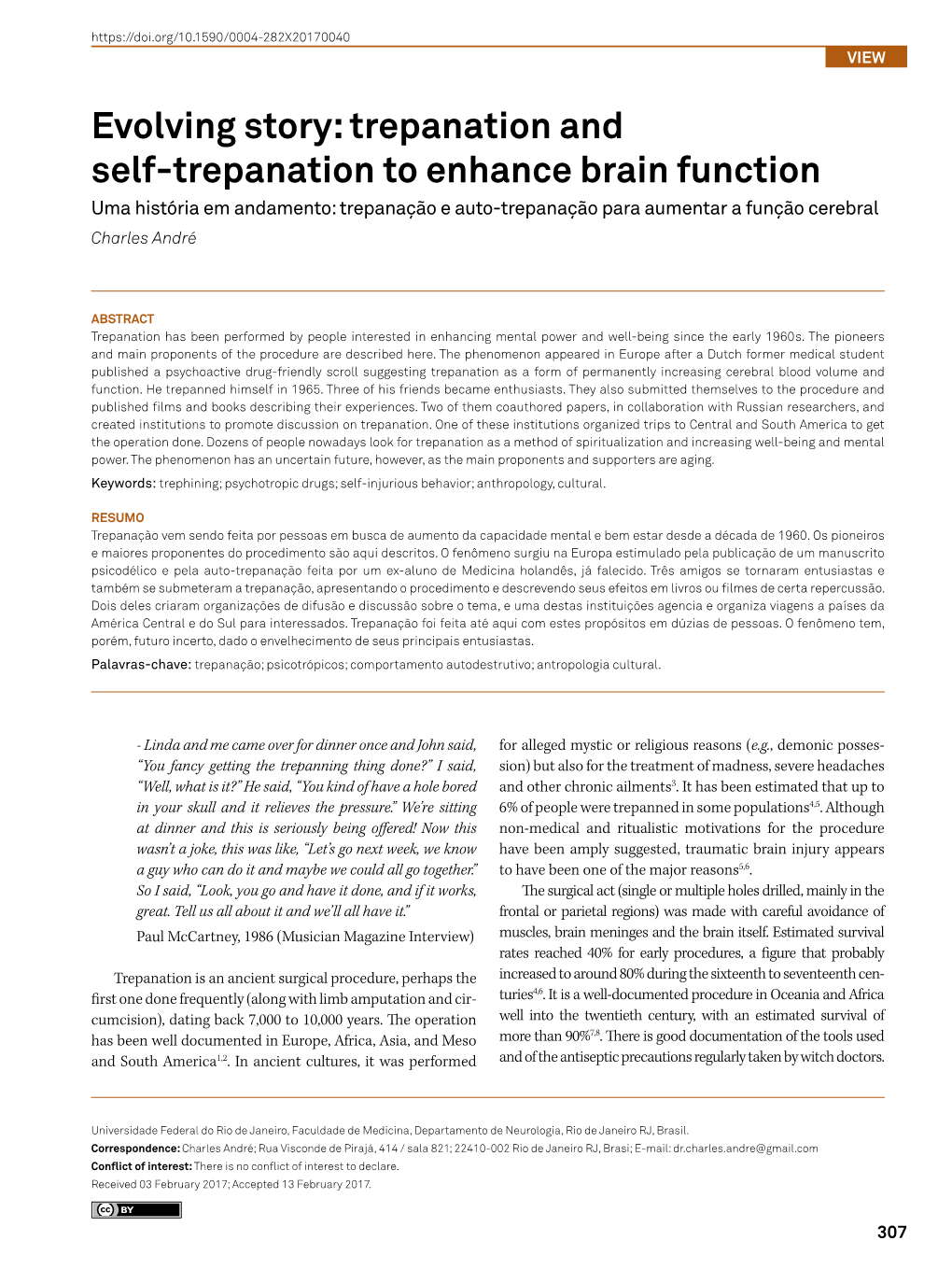 Trepanation and Self-Trepanation to Enhance Brain Function Uma História Em Andamento: Trepanação E Auto-Trepanação Para Aumentar a Função Cerebral Charles André