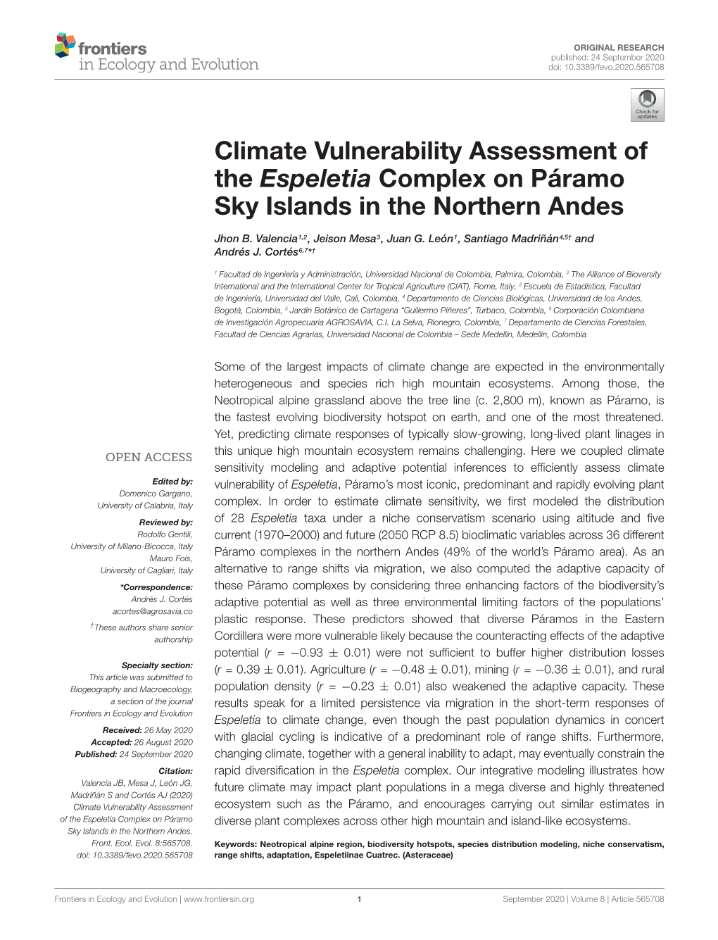 Climate Vulnerability Assessment of the Espeletia Complex on Páramo Sky Islands in the Northern Andes