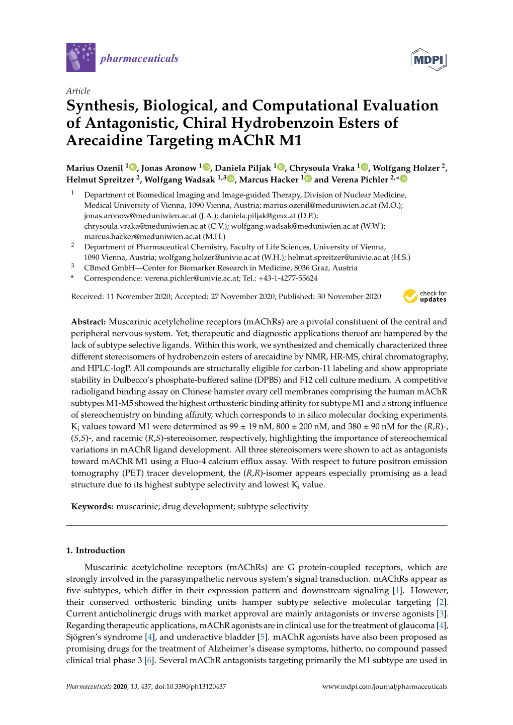 Synthesis, Biological, and Computational Evaluation of Antagonistic, Chiral Hydrobenzoin Esters of Arecaidine Targeting Machr M1