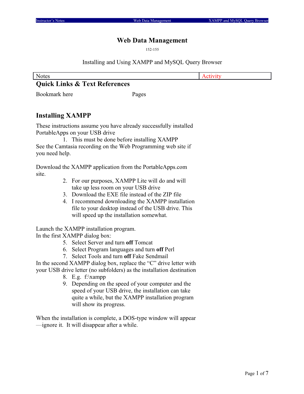 Instructor S Notes Web Data Management XAMPP and Mysql Query Browser