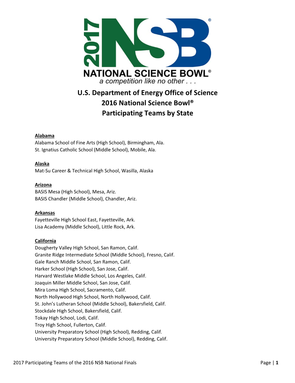 U.S. Department of Energy Office of Science 2016 National Science Bowl® Participating Teams by State