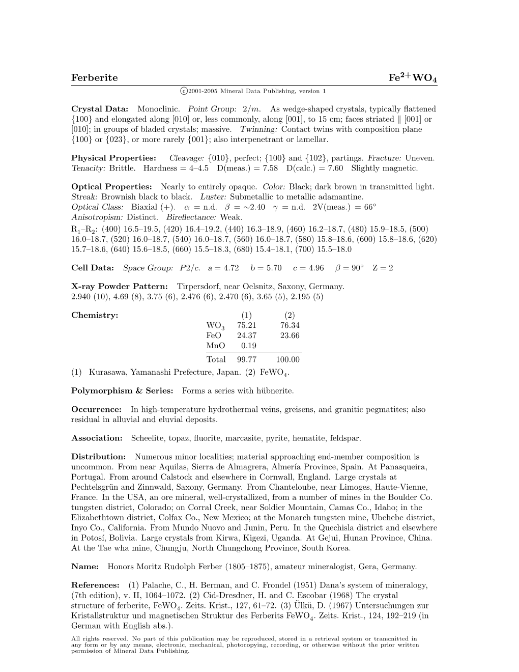 Ferberite Fe WO4 C 2001-2005 Mineral Data Publishing, Version 1