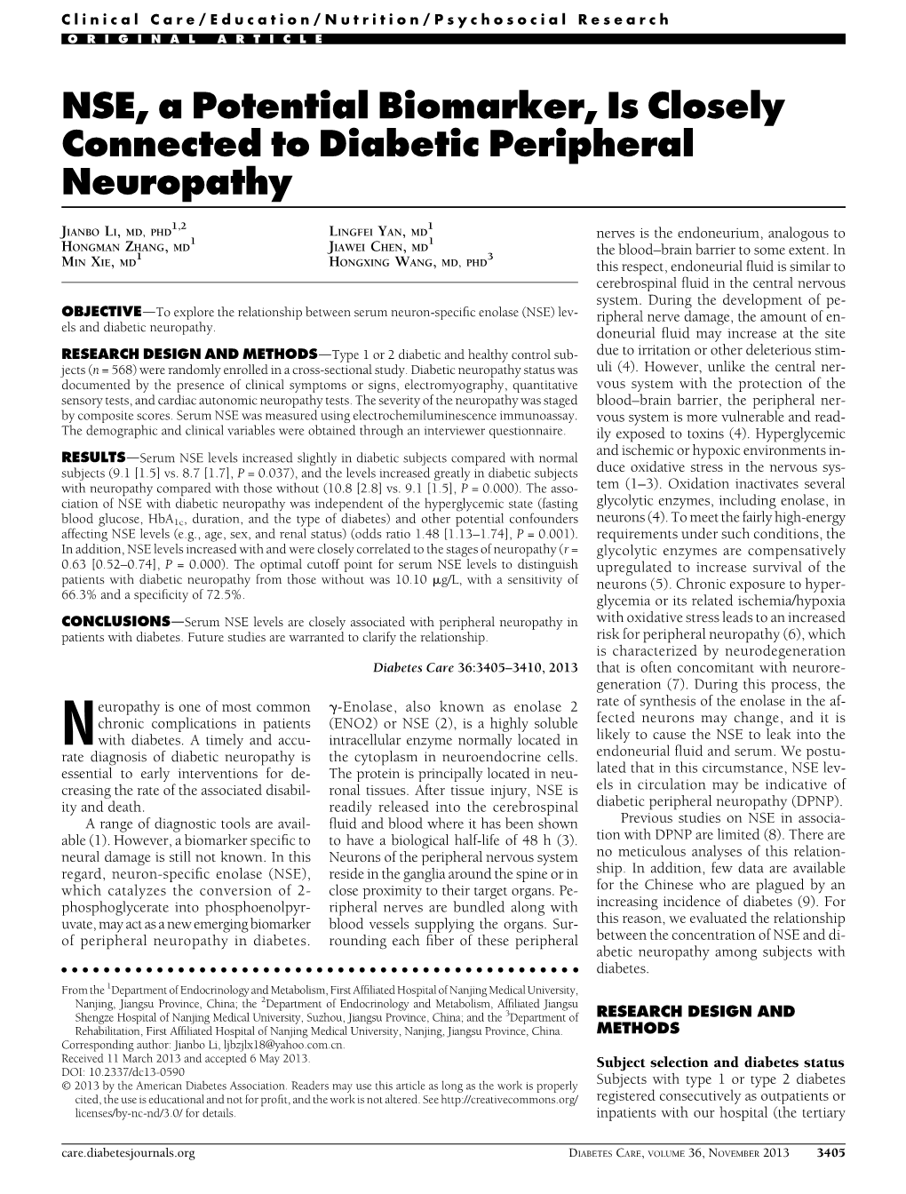 NSE, a Potential Biomarker, Is Closely Connected to Diabetic Peripheral Neuropathy