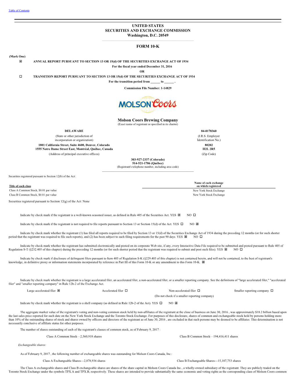 FORM 10-K Molson Coors Brewing Company