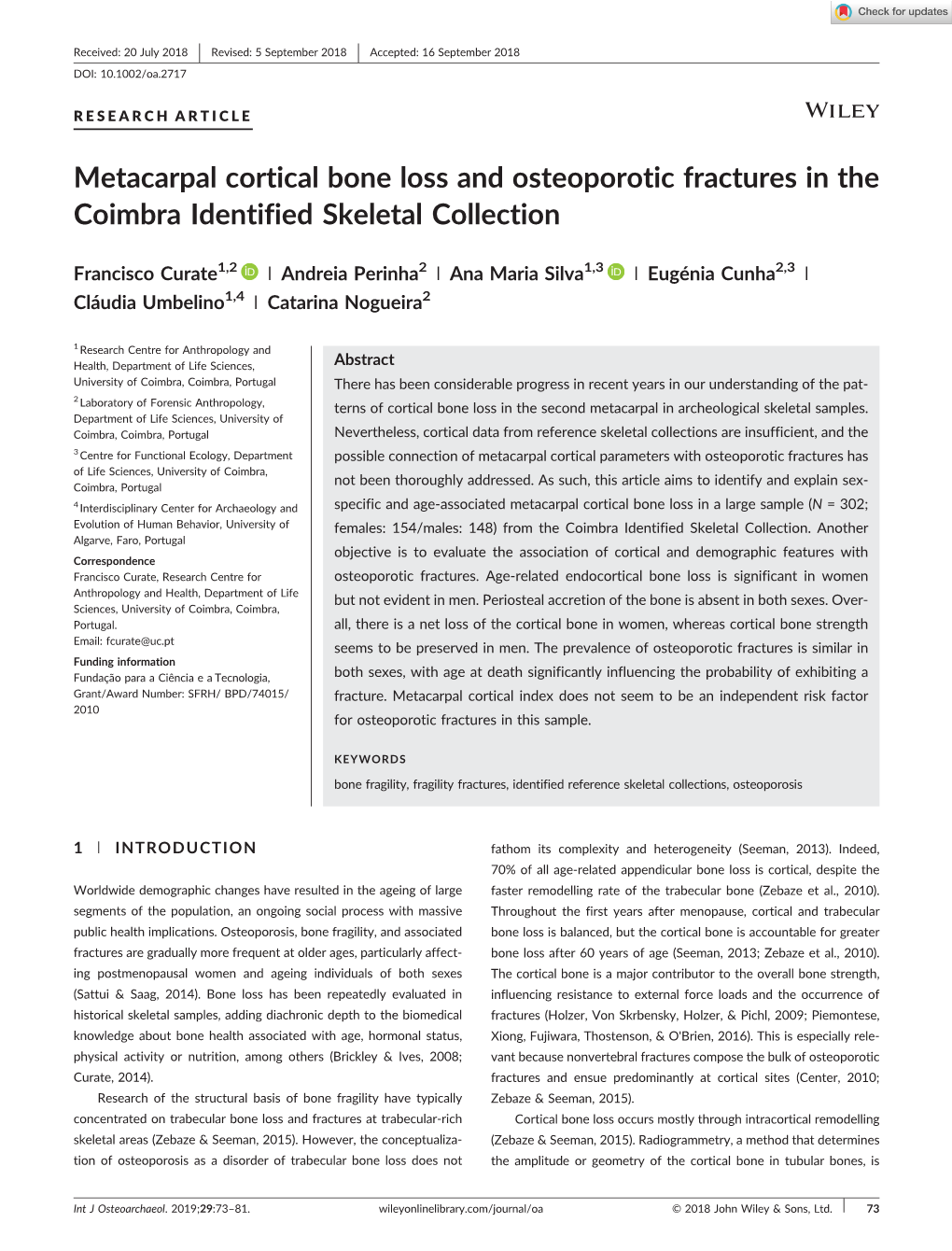 Metacarpal Cortical Bone Loss and Osteoporotic Fractures in the Coimbra Identified Skeletal Collection