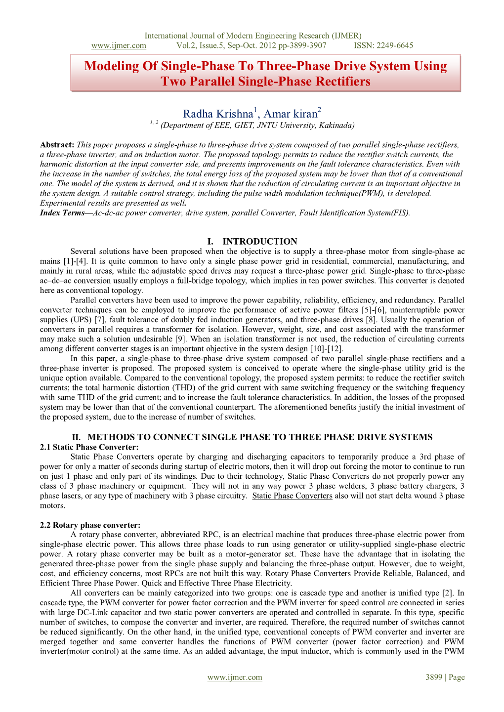 Modeling of Single-Phase to Three-Phase Drive System Using