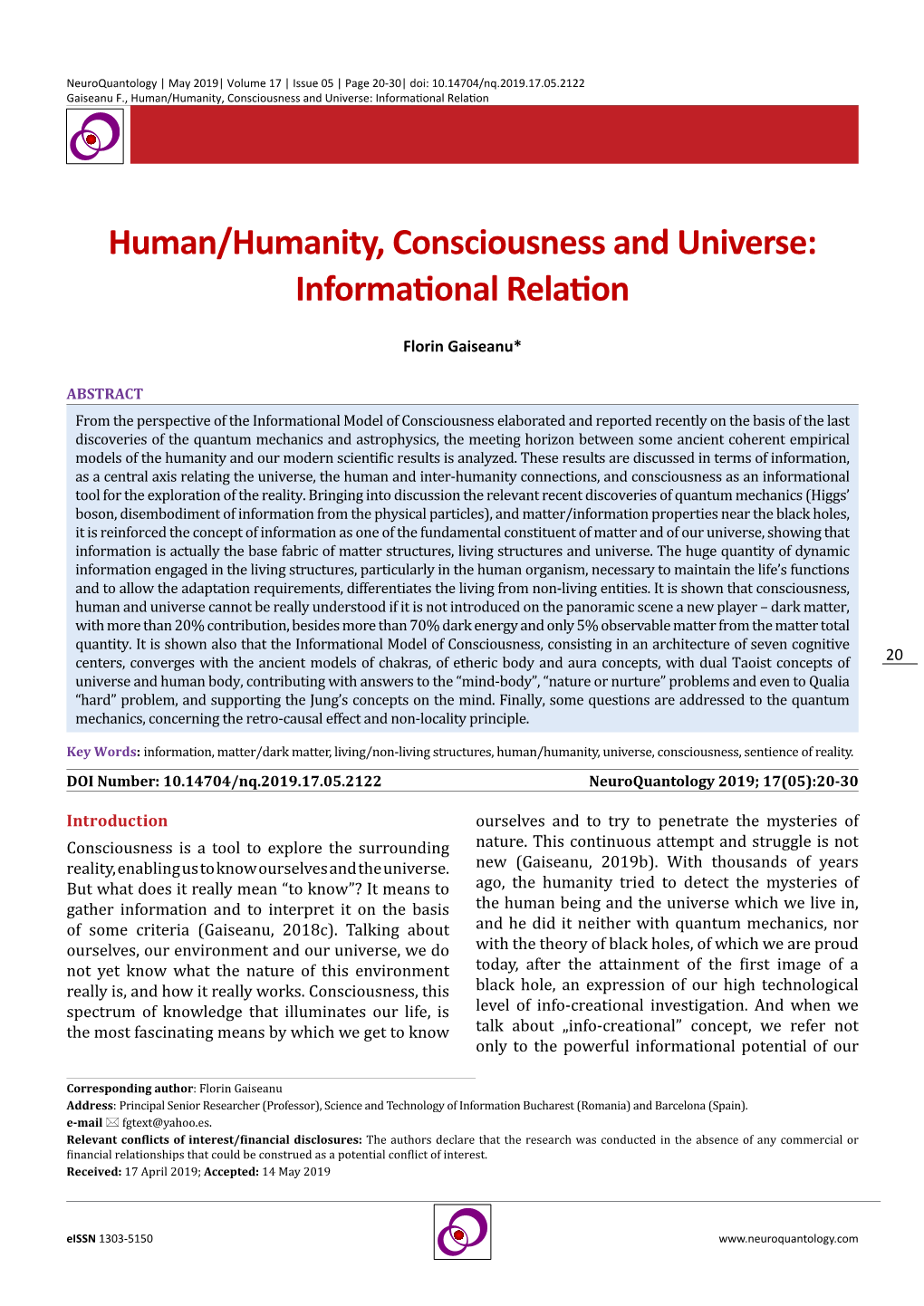 Human/Humanity, Consciousness and Universe: Informational Relation