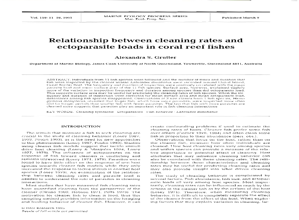 Relationship Between Cleaning Rates and Ectoparasite Loads in Coral Reef Fishes