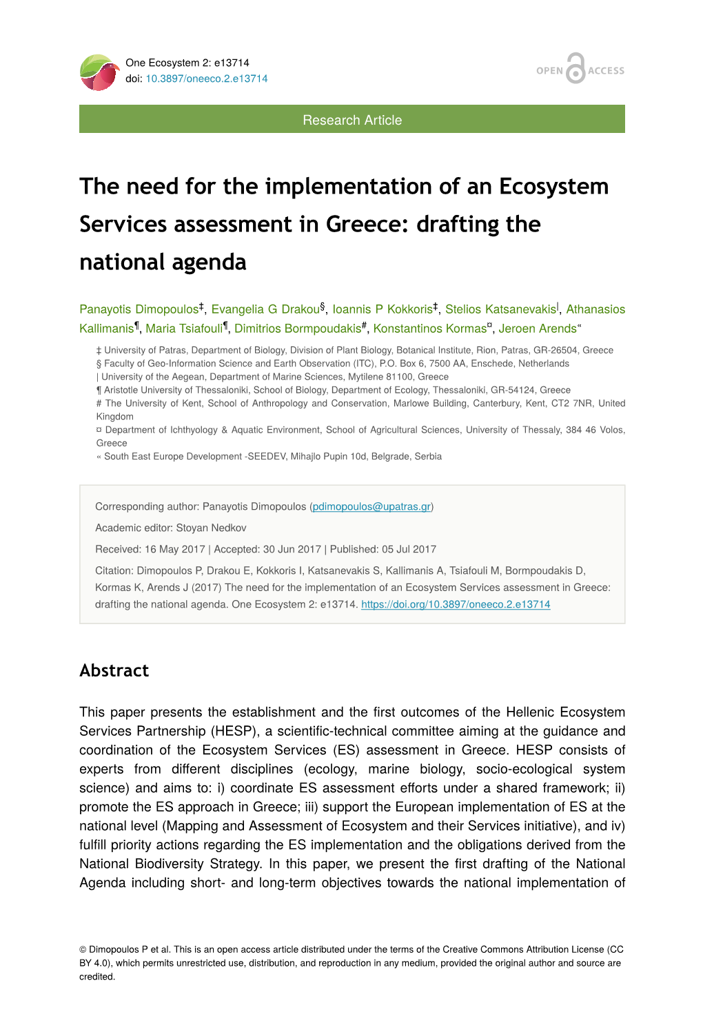 The Need for the Implementation of an Ecosystem Services Assessment in Greece: Drafting the National Agenda