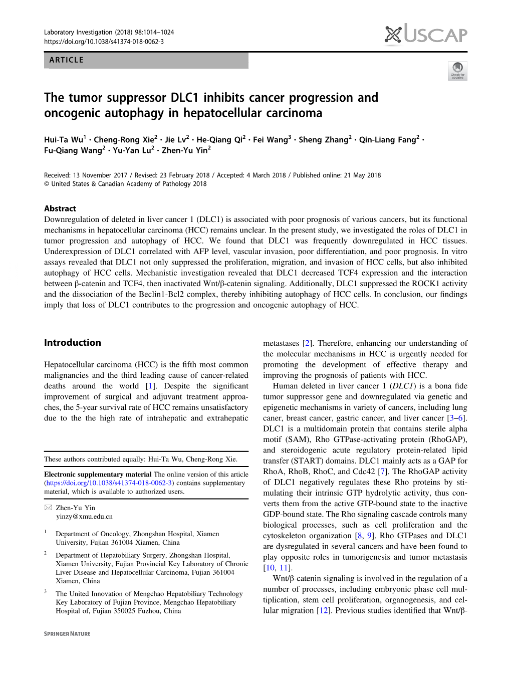 The Tumor Suppressor DLC1 Inhibits Cancer Progression and Oncogenic Autophagy in Hepatocellular Carcinoma