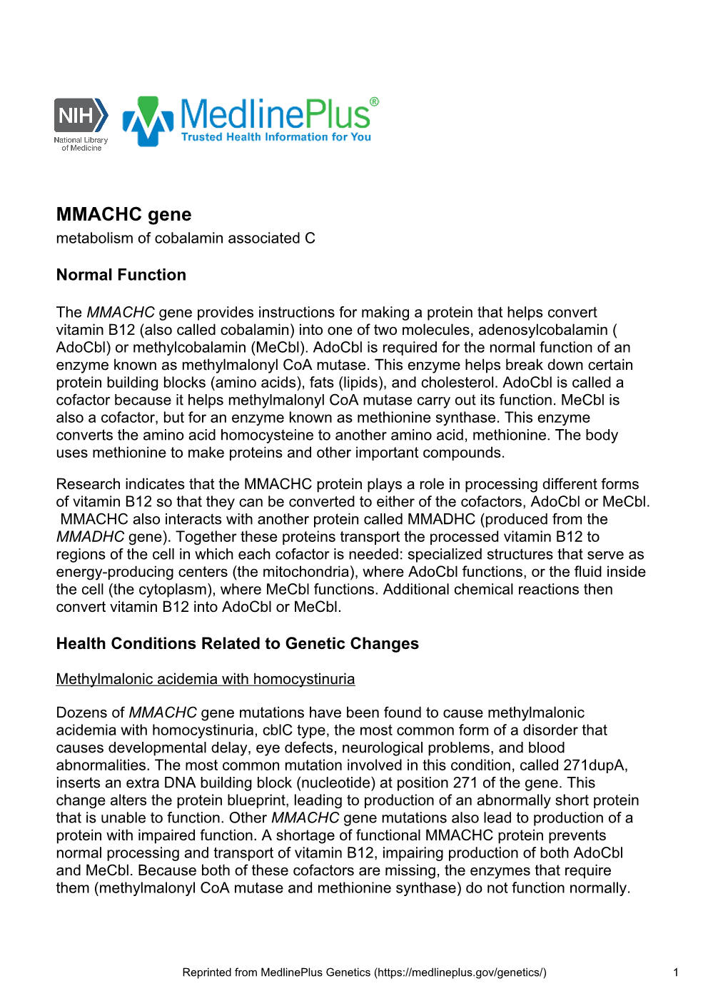 MMACHC Gene Metabolism of Cobalamin Associated C