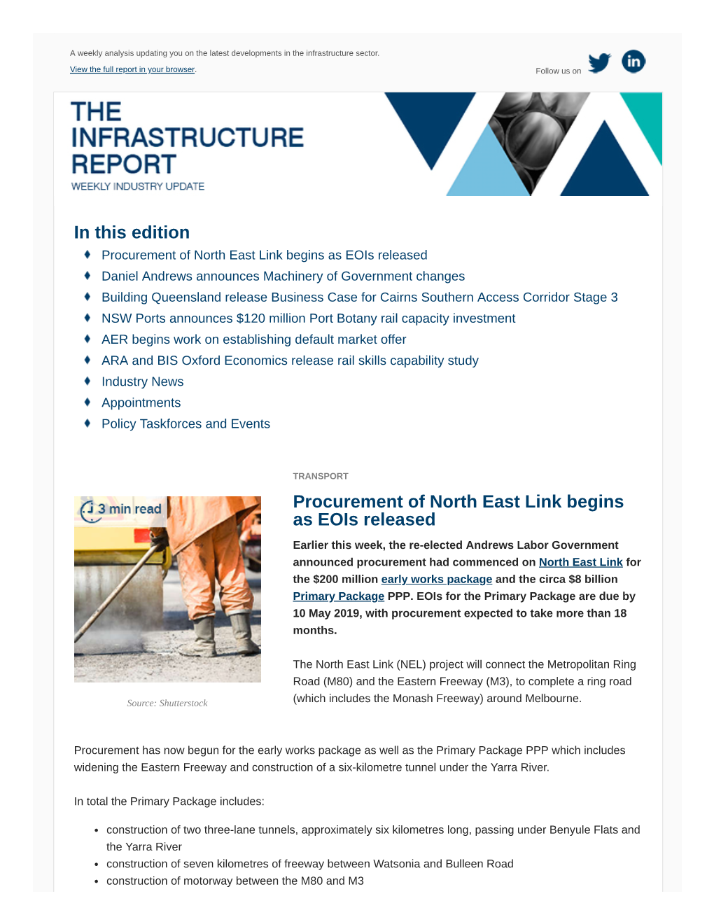 In This Edition Procurement of North East Link Begins As Eois Released