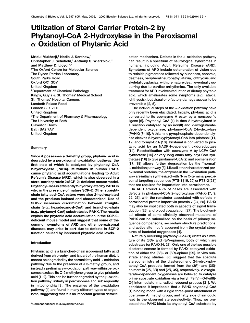 Utilization of Sterol Carrier Protein-2 by Phytanoyl-Coa 2-Hydroxylase in the Peroxisomal Oxidation of Phytanic Acid