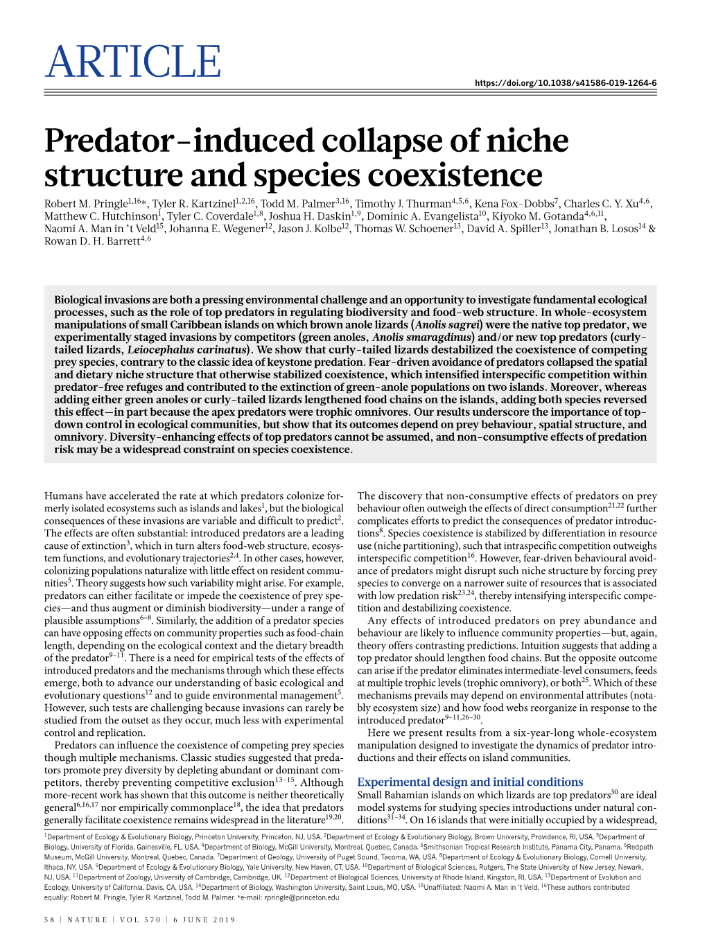 Predator-Induced Collapse of Niche Structure and Species Coexistence ­­­Robert M