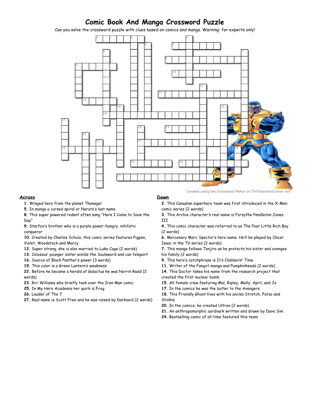 Comic Book and Manga Crossword Puzzle Can You Solve the Crossword Puzzle with Clues Based on Comics and Manga