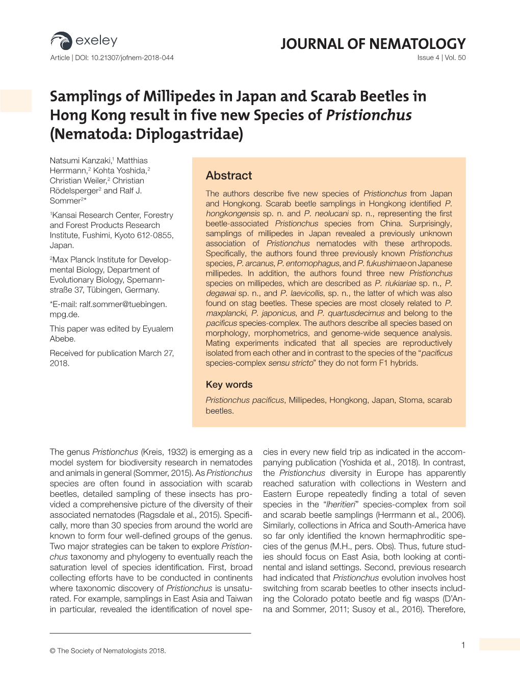 Samplings of Millipedes in Japan and Scarab Beetles in Hong Kong Result in Five New Species of Pristionchus (Nematoda: Diplogastridae)