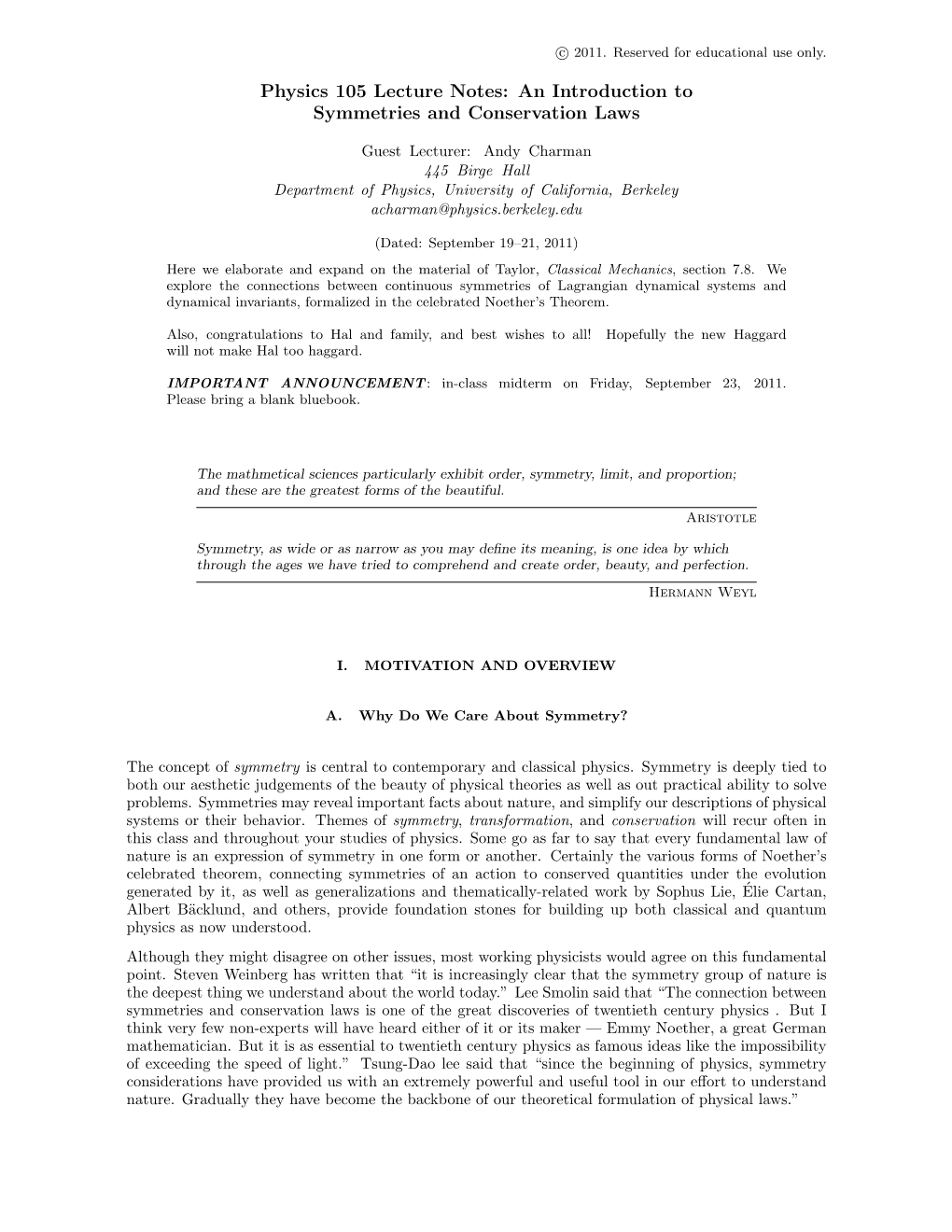 Physics 105 Lecture Notes: an Introduction to Symmetries and Conservation Laws