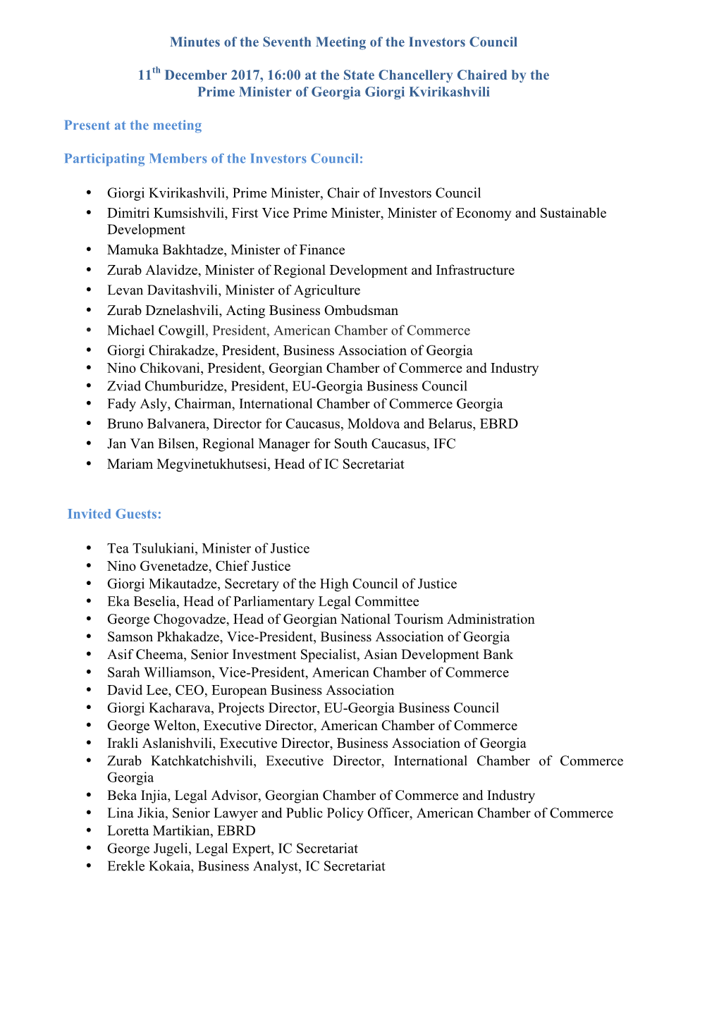 Minutes of the Seventh Meeting of the Investors Council 11Th December