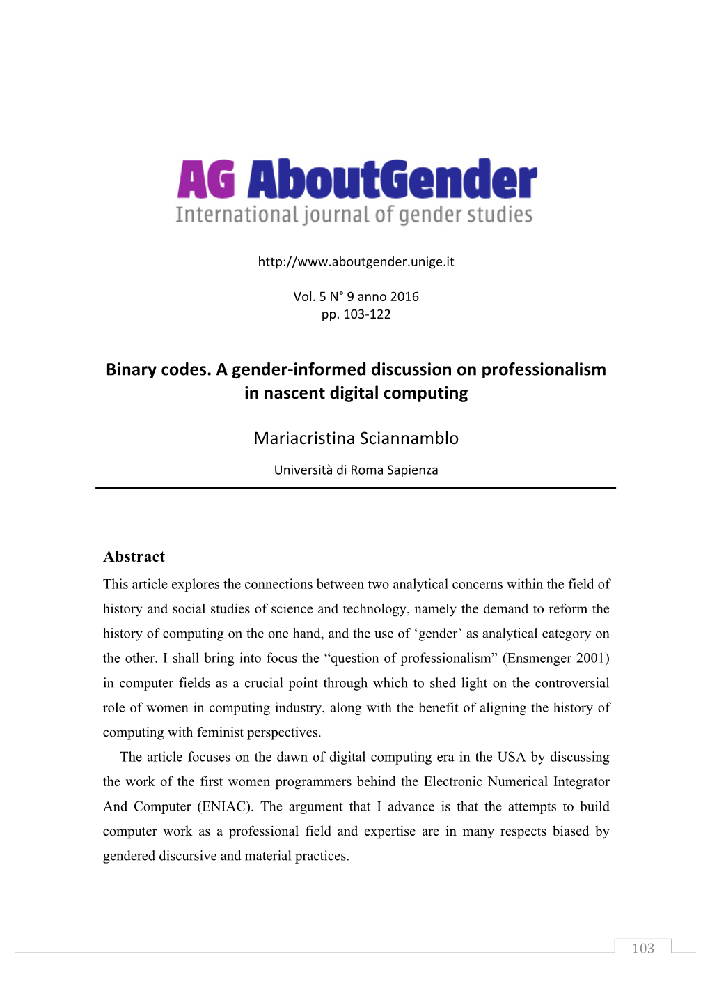 Binary Codes. a Gender-Informed Discussion on Professionalism in Nascent Digital Computing