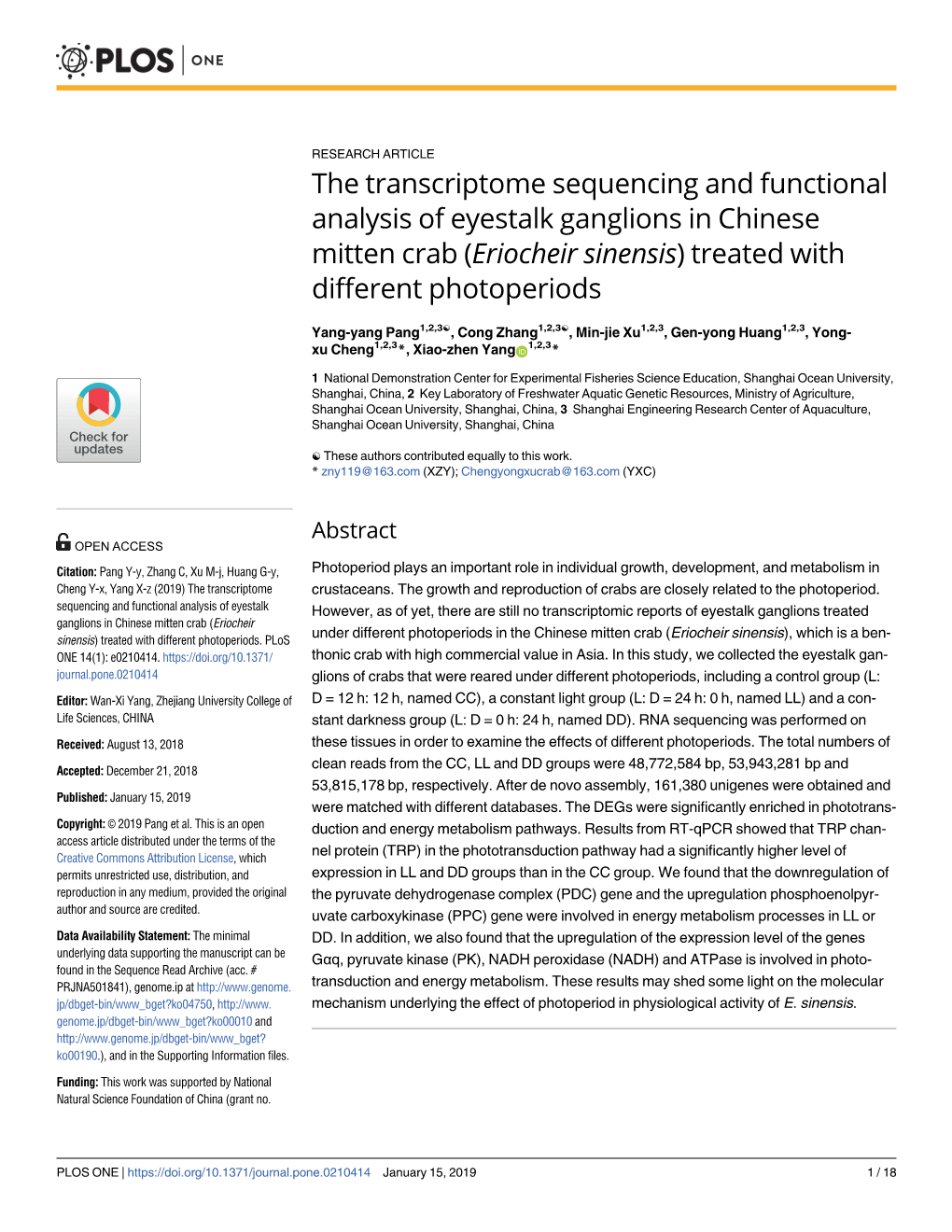 The Transcriptome Sequencing and Functional Analysis of Eyestalk Ganglions in Chinese Mitten Crab (Eriocheir Sinensis) Treated with Different Photoperiods