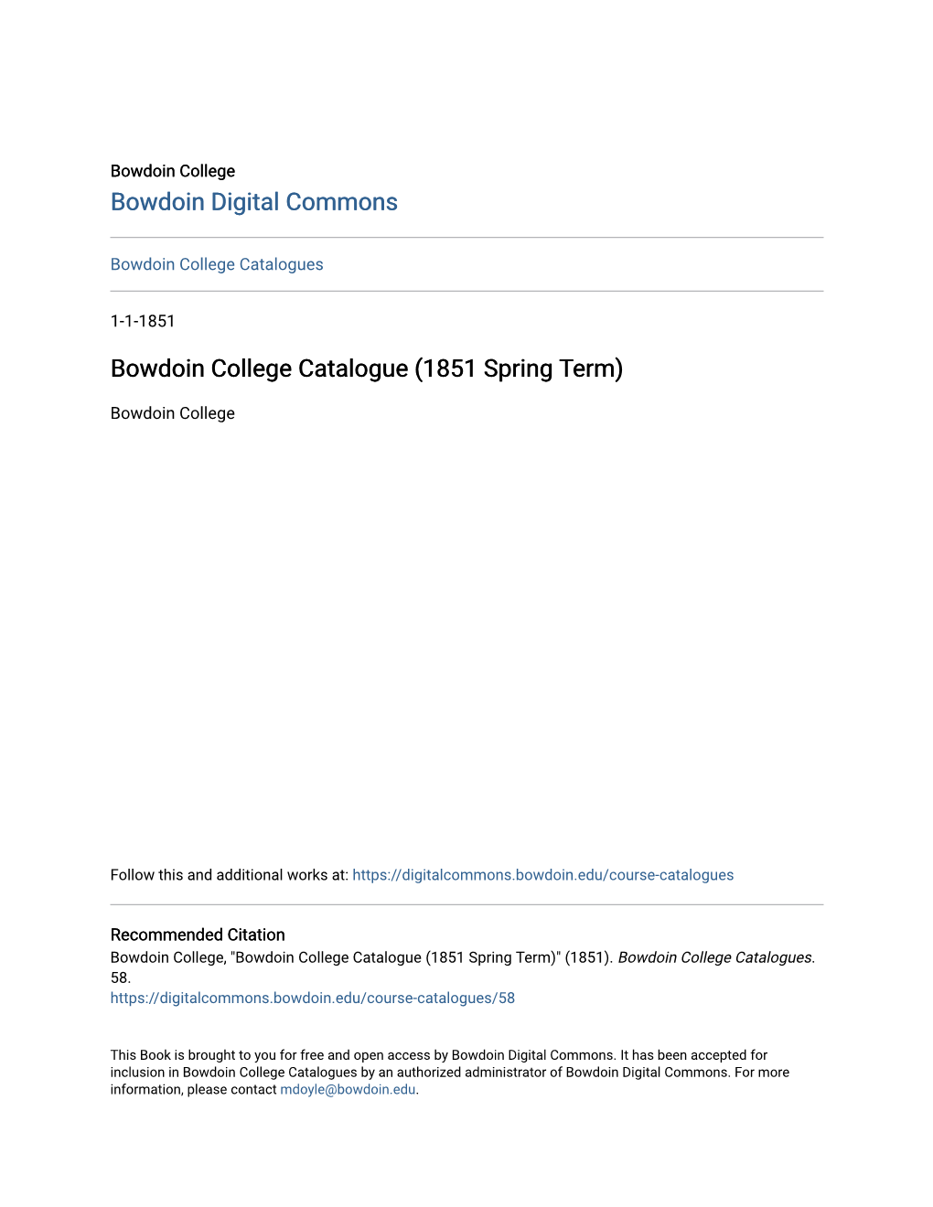Bowdoin College Catalogue (1851 Spring Term)