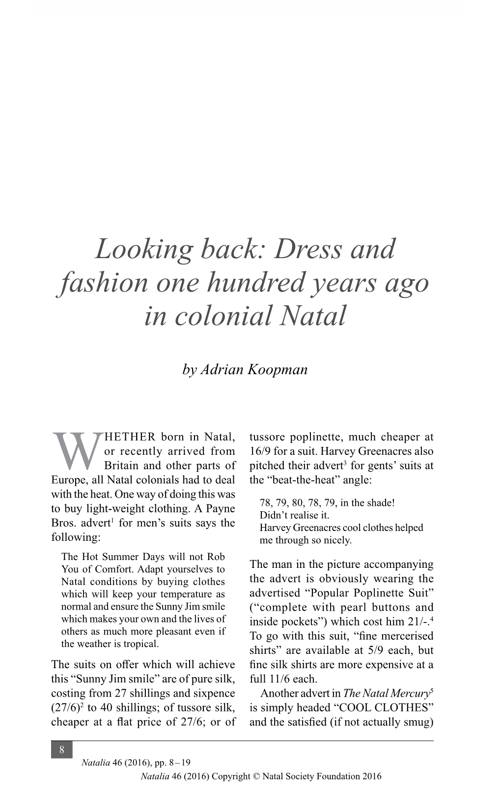 Dress and Fashion One Hundred Years Ago in Colonial Natal