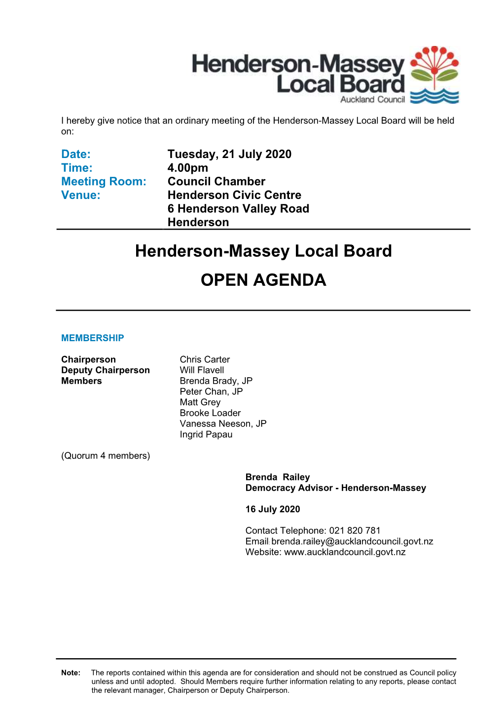 Agenda of Henderson-Massey Local Board