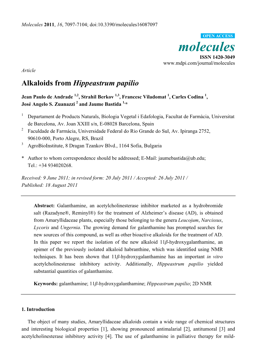 Alkaloids from Hippeastrum Papilio