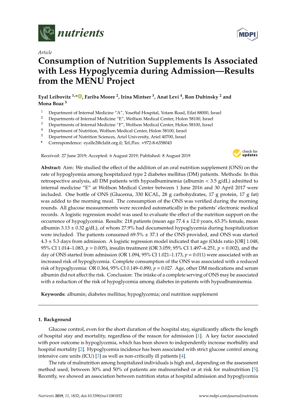 Consumption of Nutrition Supplements Is Associated with Less Hypoglycemia During Admission—Results from the MENU Project