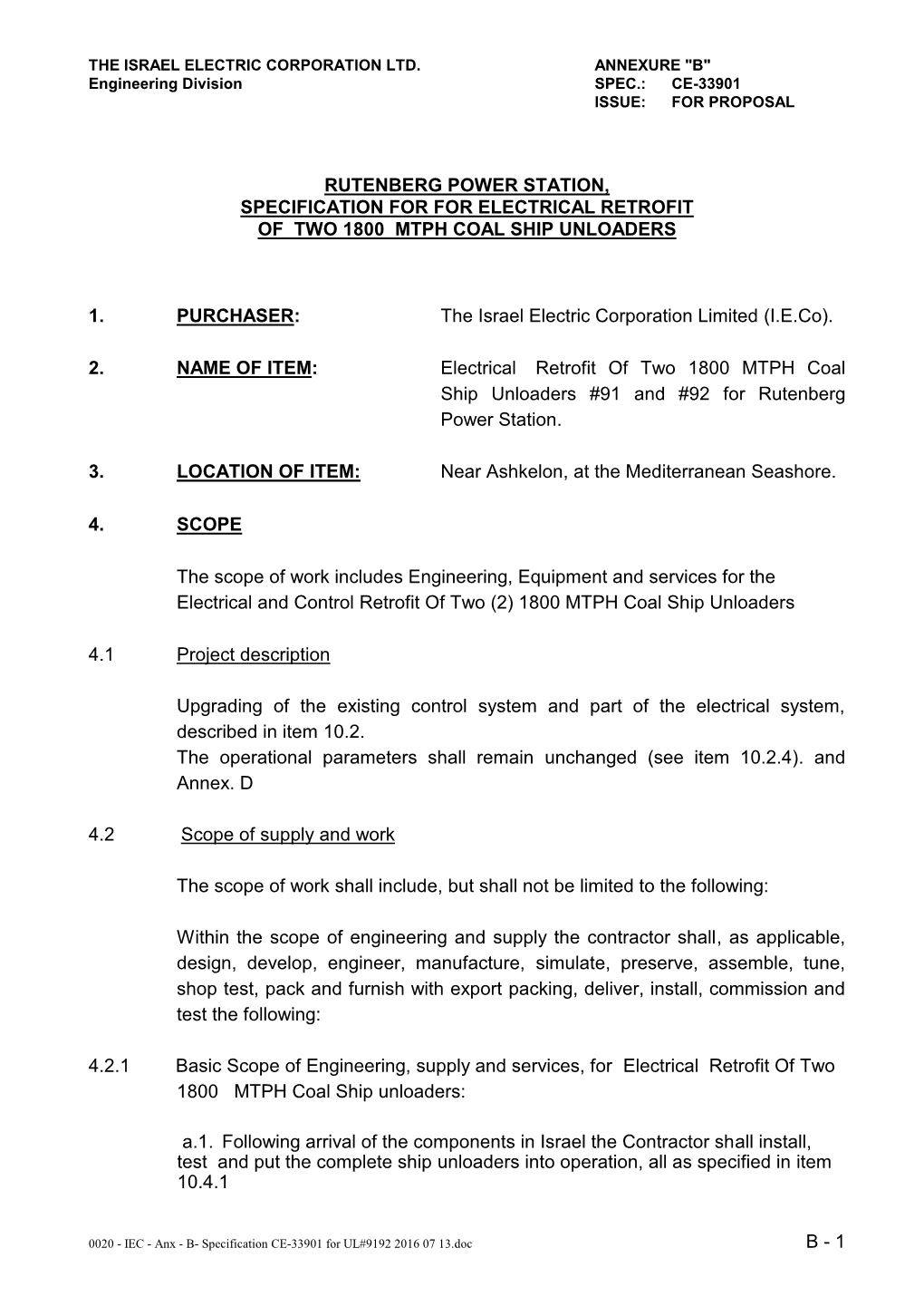 B" Engineering Division SPEC.: CE-33901 ISSUE: for PROPOSAL