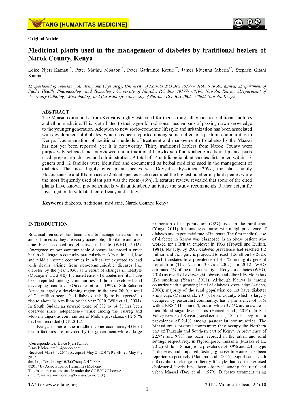 Medicinal Plants Used in the Management of Diabetes by Traditional Healers of Narok County, Kenya