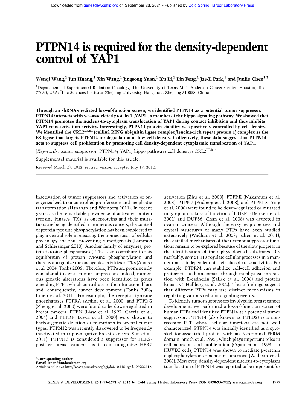 PTPN14 Is Required for the Density-Dependent Control of YAP1