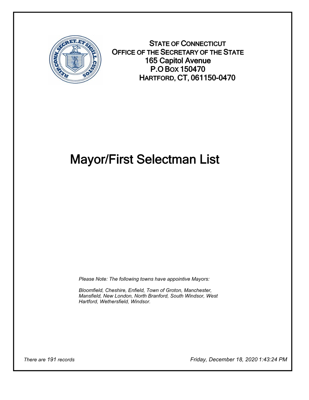 Mayor/First Selectman List