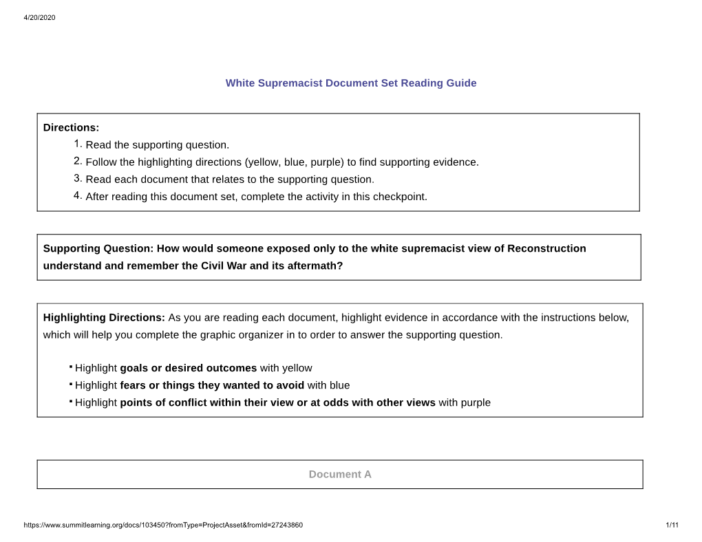 White Supremacist Document Set Reading Guide Directions