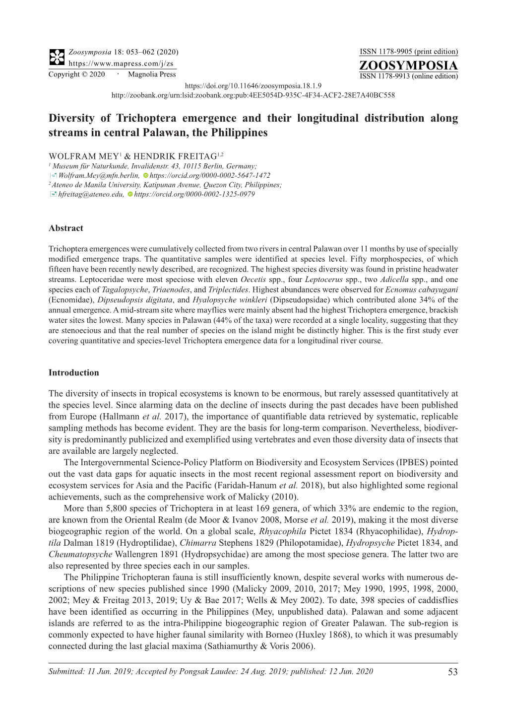 Diversity of Trichoptera Emergence and Their Longitudinal Distribution Along Streams in Central Palawan, the Philippines