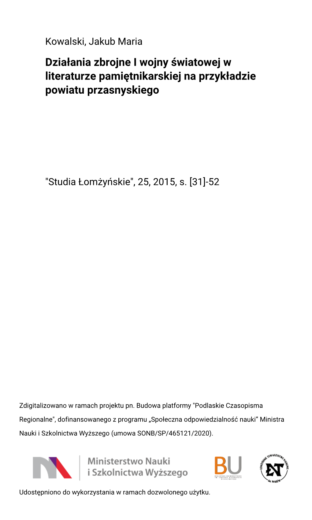 Działania Zbrojne I Wojny Światowej W Literaturze Pamiętnikarskiej Na Przykładzie Powiatu Przasnyskiego