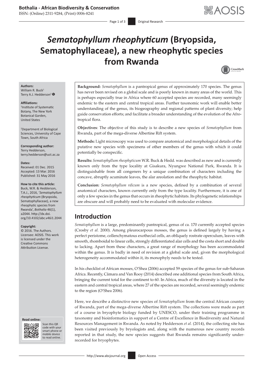 Sematophyllum Rheophyticum (Bryopsida, Sematophyllaceae), a New Rheophytic Species from Rwanda