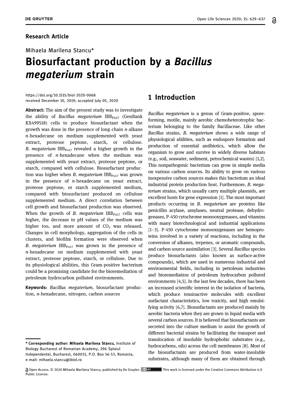 Biosurfactant Production by a Bacillus Megaterium Strain