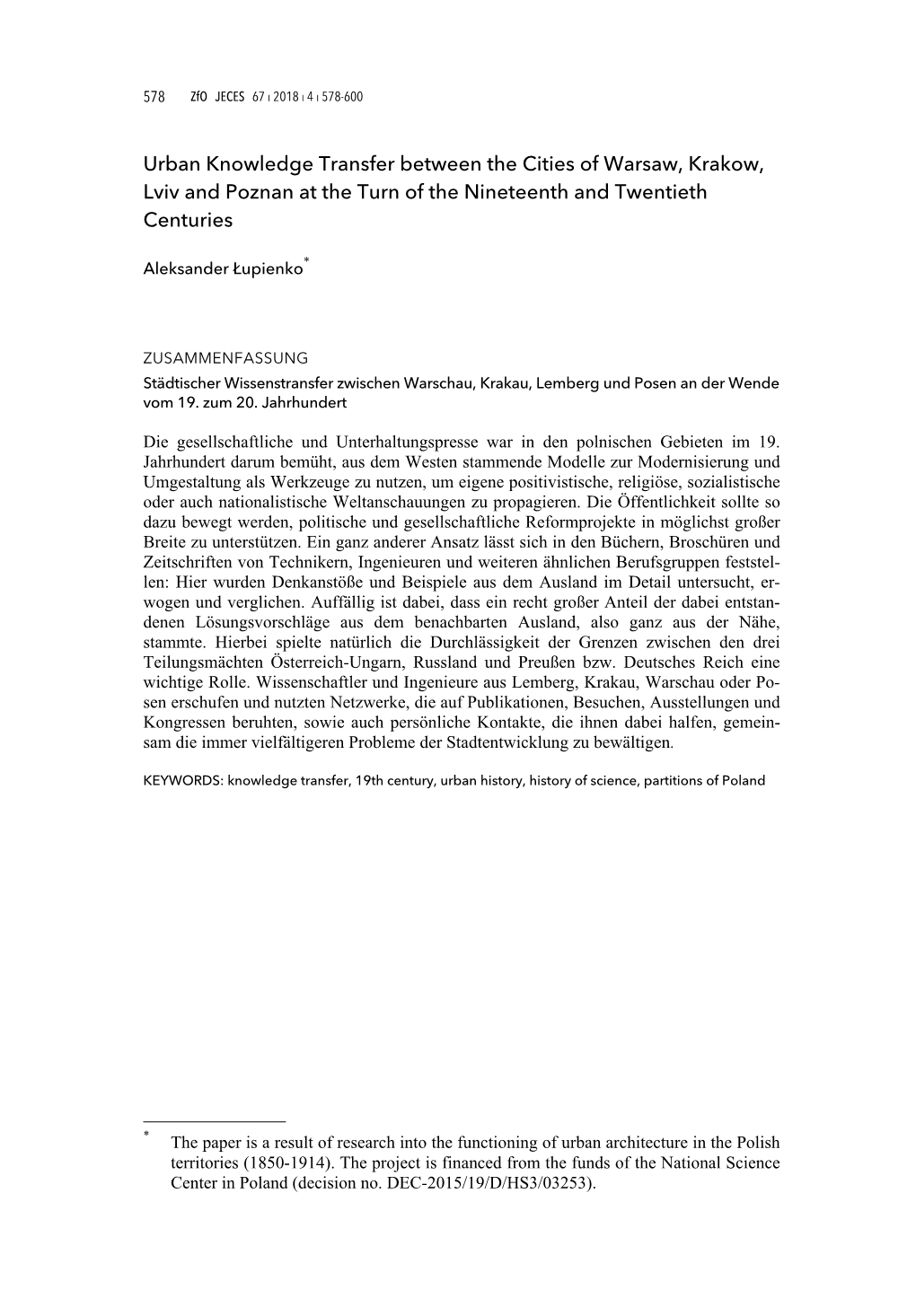 Urban Knowledge Transfer Between the Cities of Warsaw, Krakow, Lviv and Poznan at the Turn of the Nineteenth and Twentieth Centuries