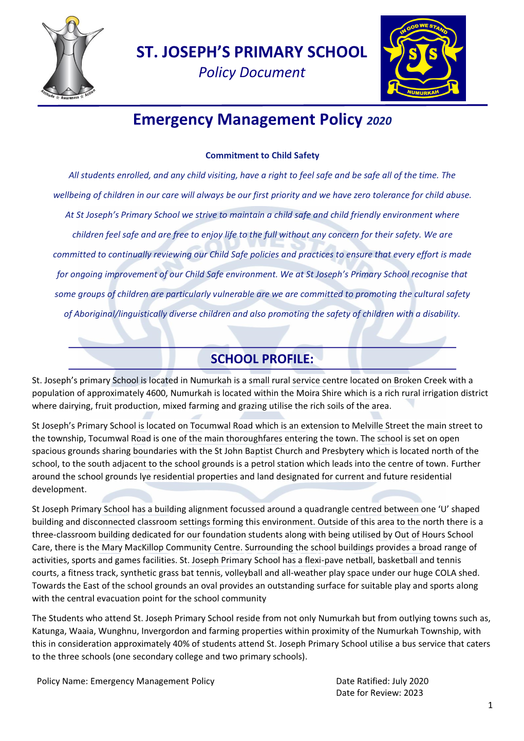 ST. JOSEPH's PRIMARY SCHOOL Emergency Management Policy 2020
