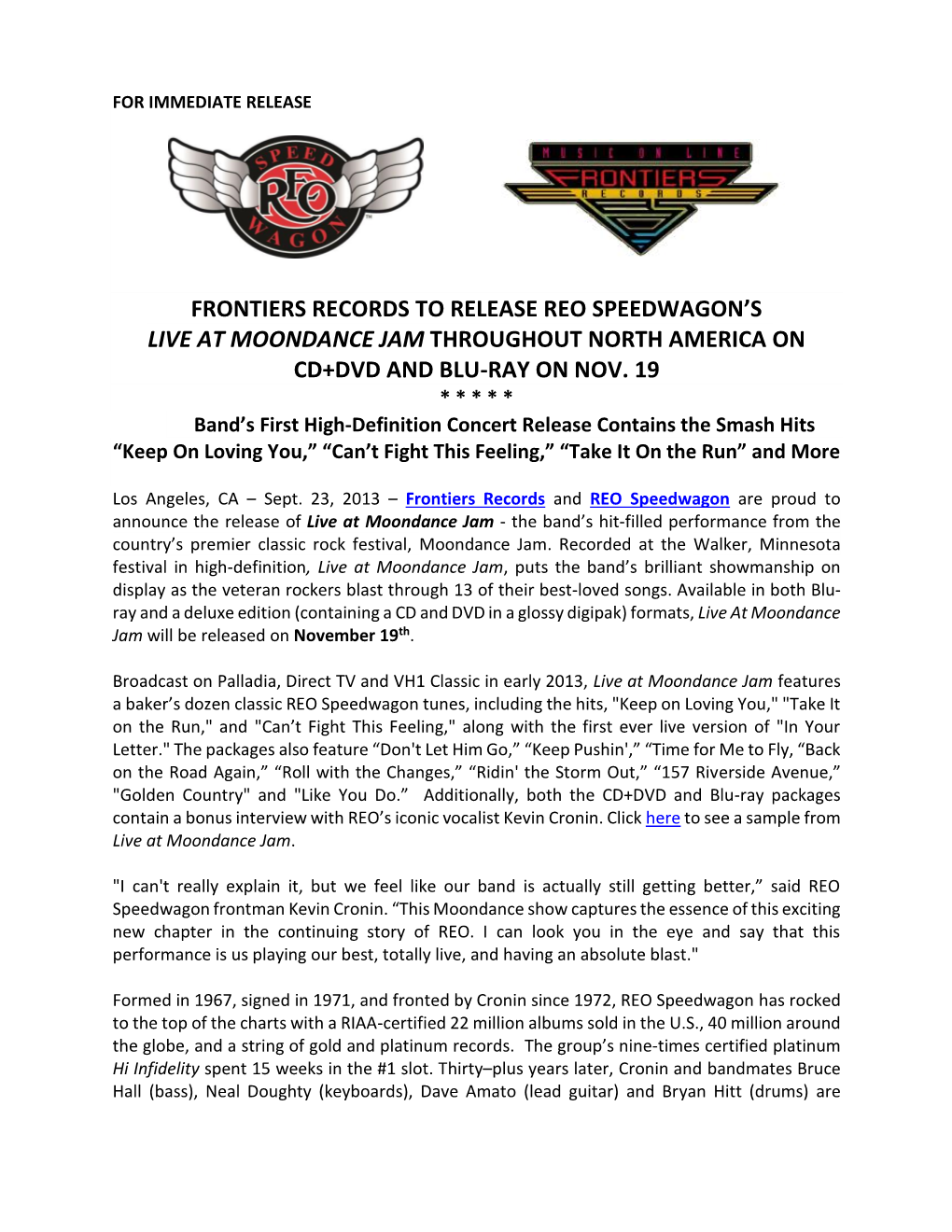 Frontiers Records to Release Reo Speedwagon's