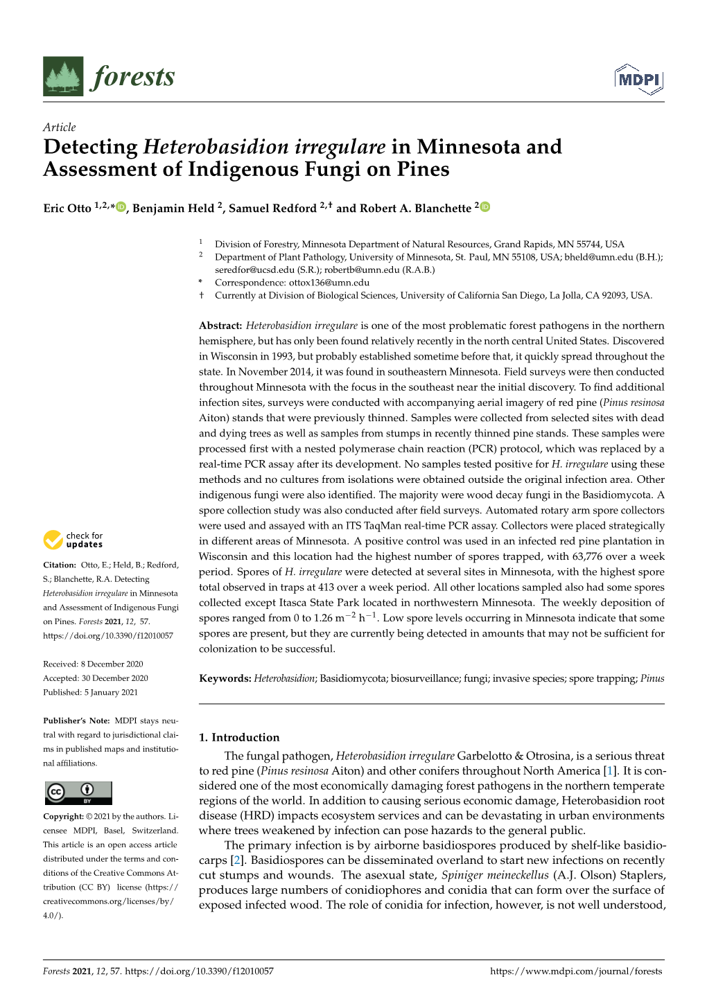 Detecting Heterobasidion Irregulare in Minnesota and Assessment of Indigenous Fungi on Pines