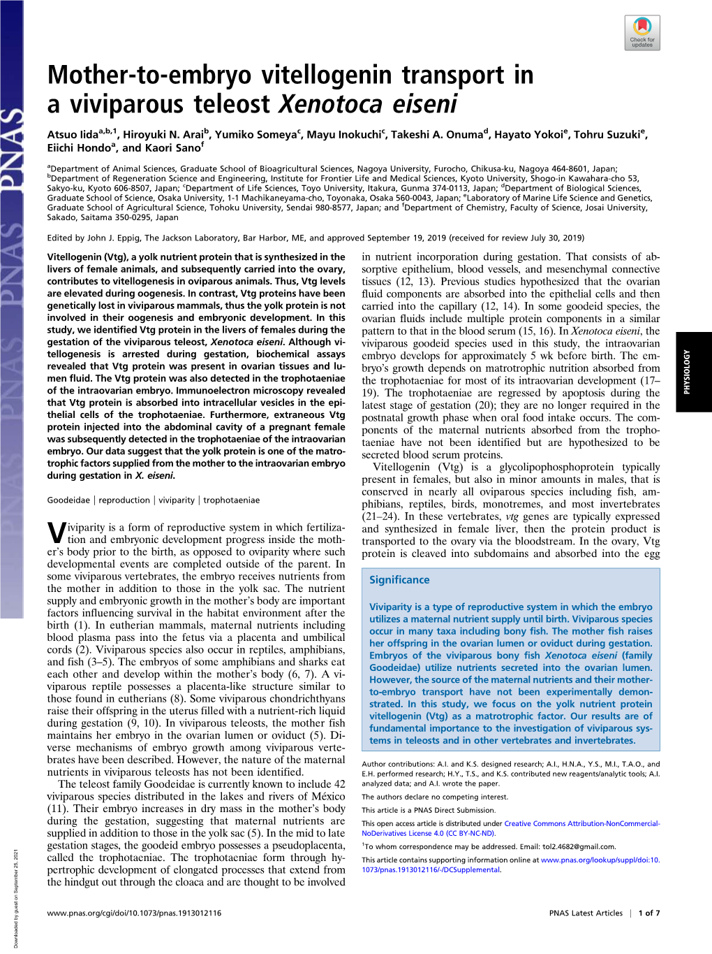 Mother-To-Embryo Vitellogenin Transport in a Viviparous Teleost Xenotoca Eiseni