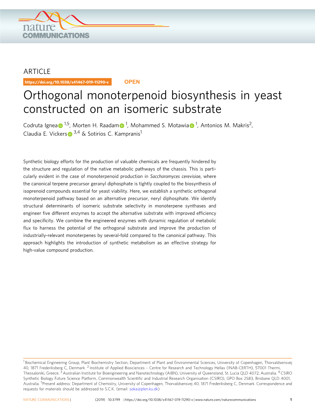 Orthogonal Monoterpenoid Biosynthesis in Yeast Constructed on an Isomeric Substrate