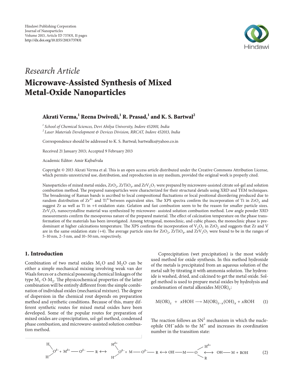 Research Article Microwave-Assisted Synthesis of Mixed Metal-Oxide Nanoparticles