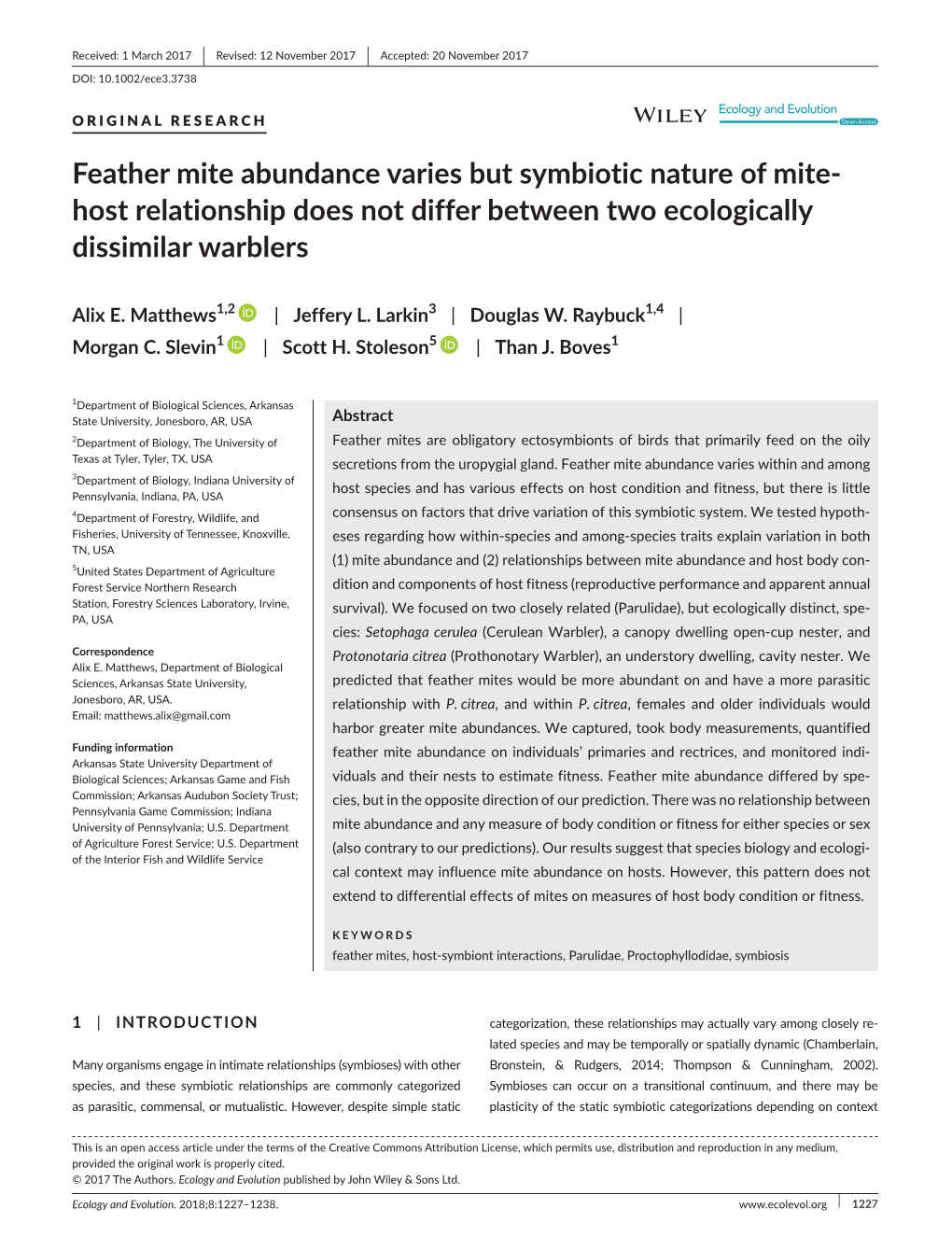 Feather Mite Abundance Varies but Symbiotic Nature of Mite‐Host