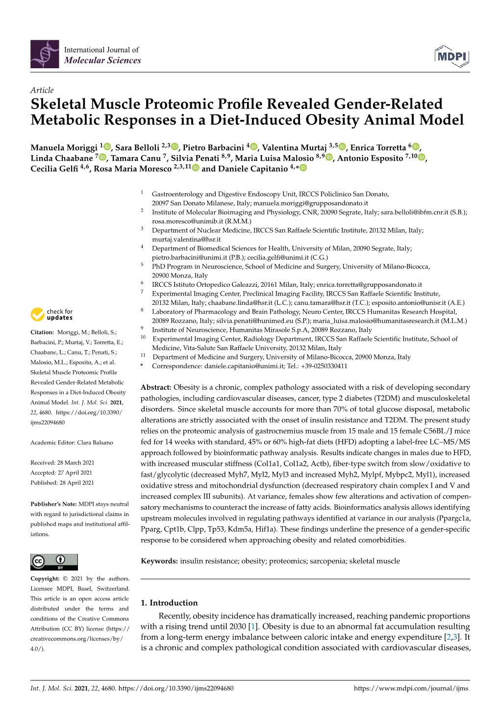 Skeletal Muscle Proteomic Profile Revealed Gender-Related Metabolic Responses in a Diet-Induced Obesity Animal Model