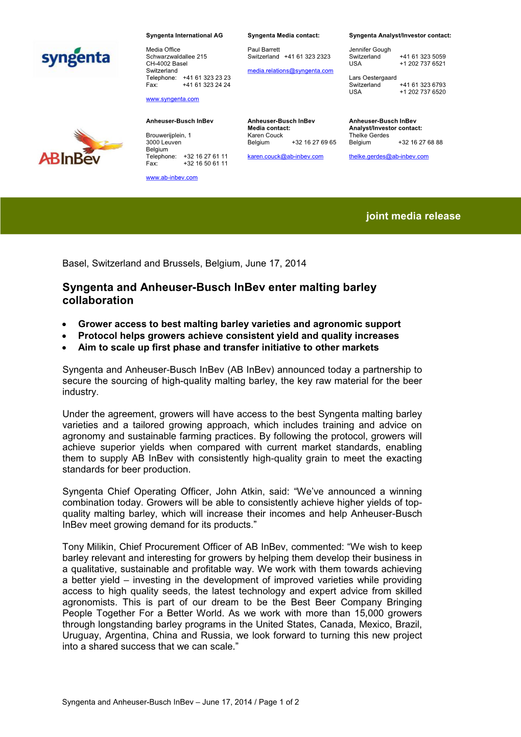 Syngenta and Anheuser-Busch Inbev Enter Malting Barley Collaboration