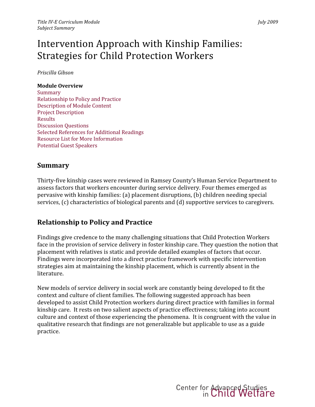 Intervention Approach with Kinship Families: Strategies for Child Protection Workers